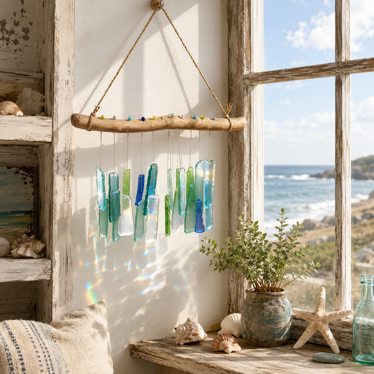 Handmade Sea Glass Driftwood Wind Chimes