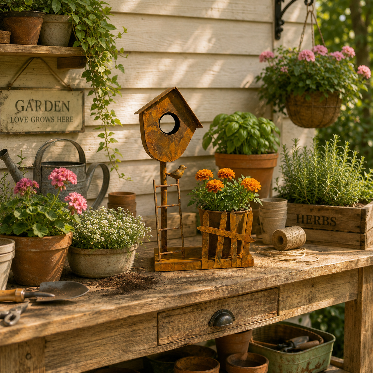 Rustic Metal Birdhouse Planter Holder
