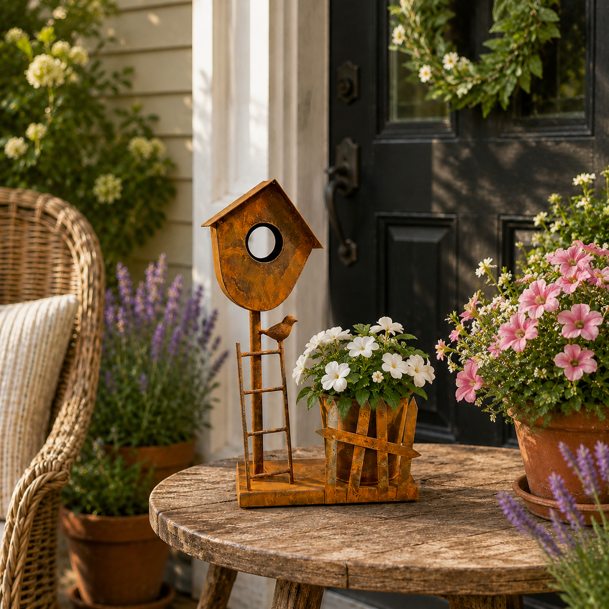 Rustic Metal Birdhouse Planter Holder