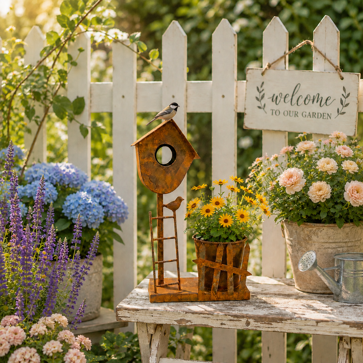 Rustic Metal Birdhouse Planter Holder