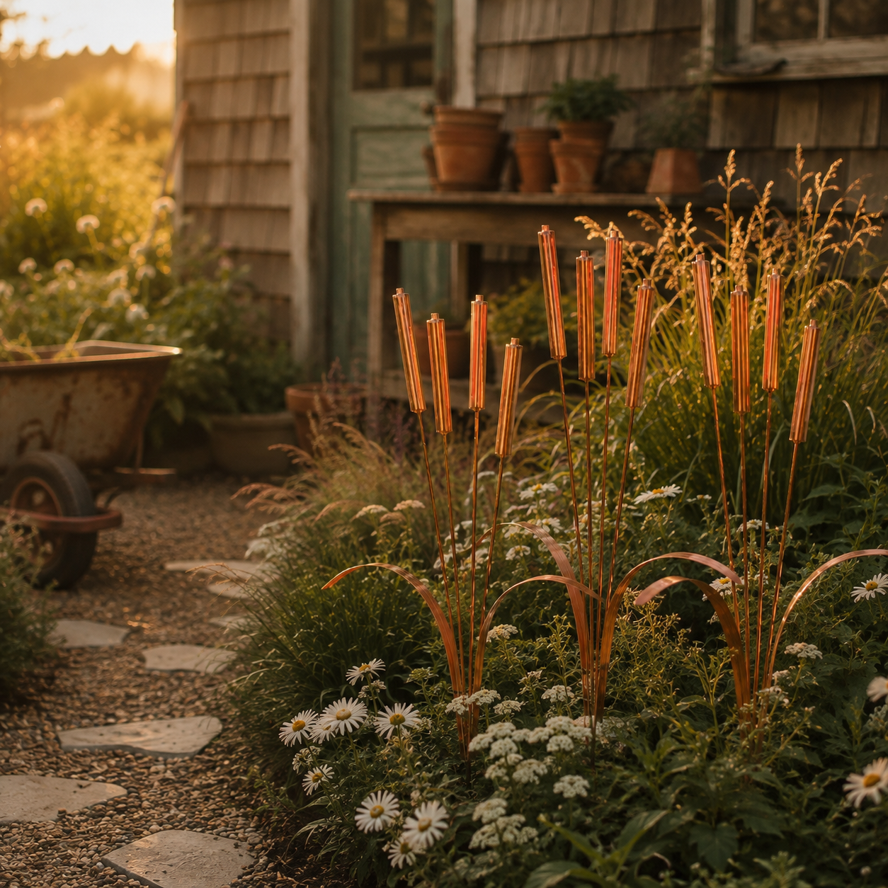 Vintage Copper Cattail Garden Stake