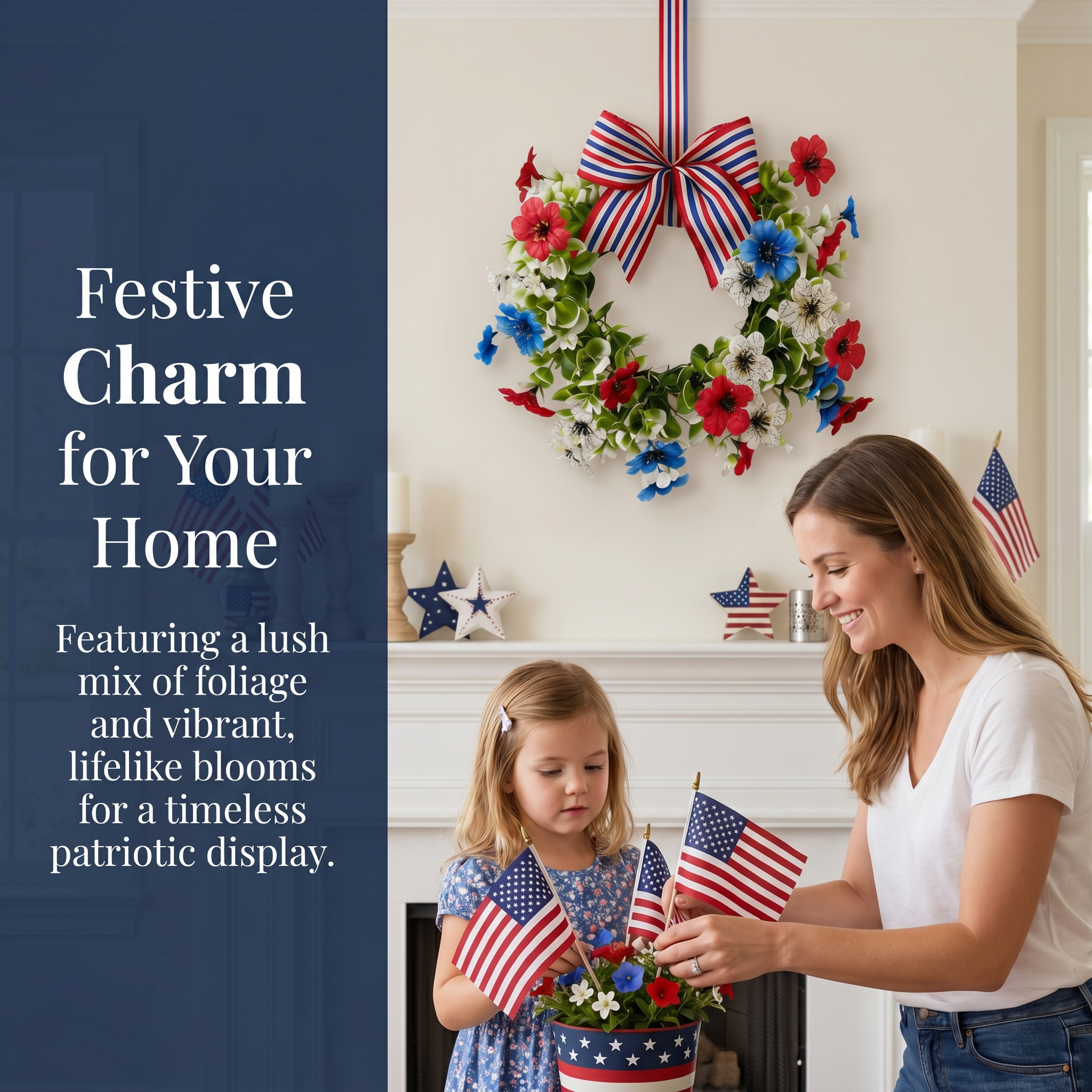 Patriotic Floral Wreath with Striped Bow