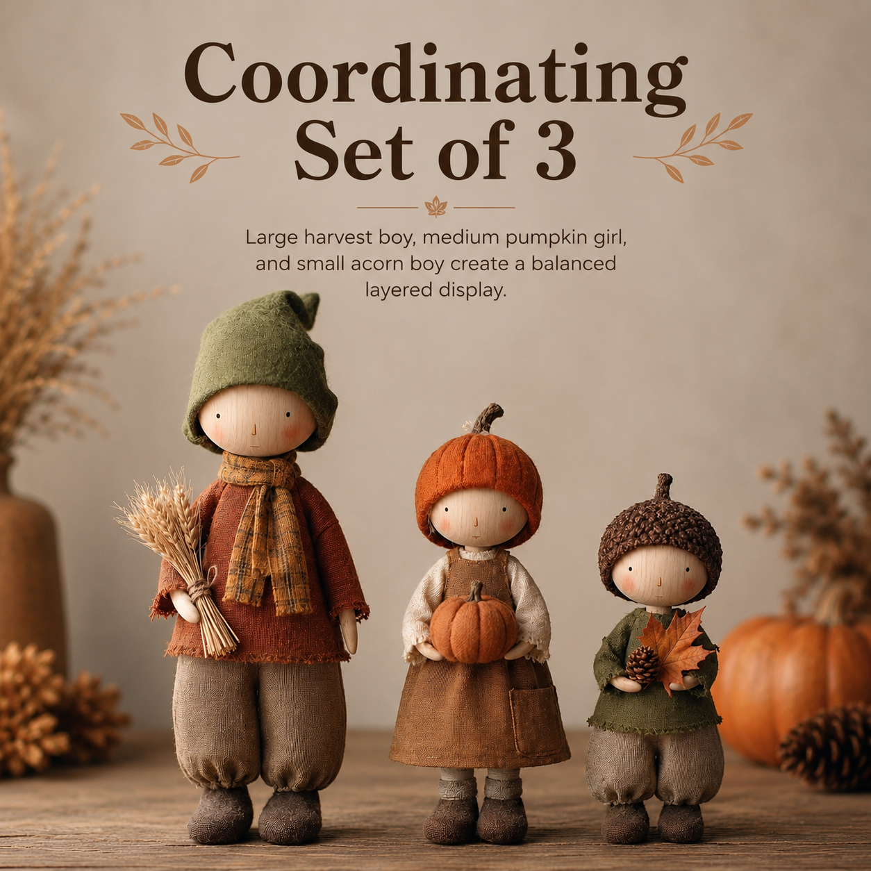 Set of 3 Rustic Fall Harvest Doll Figurines