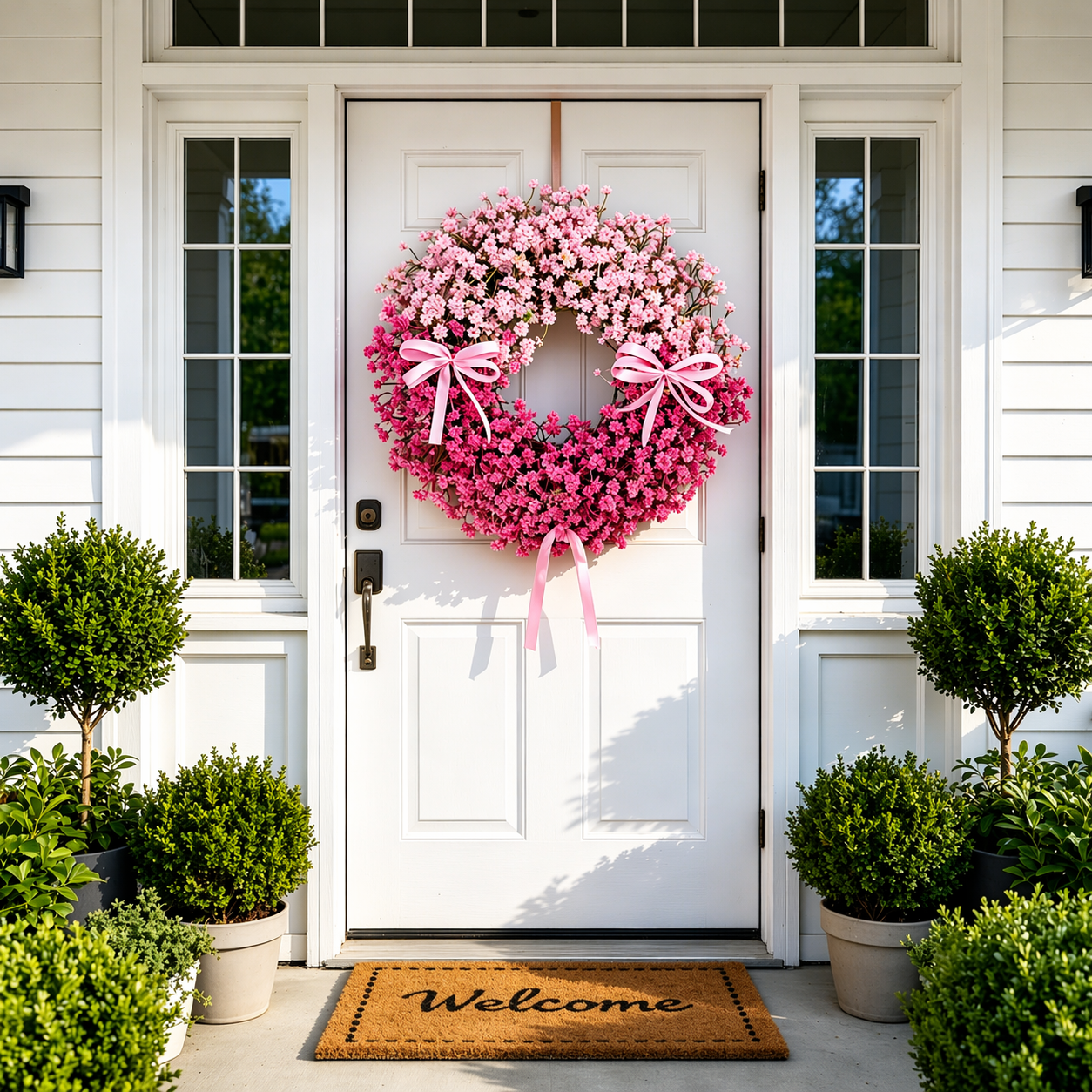 Pink Baby’s Breath Wreath with Ribbon Bows