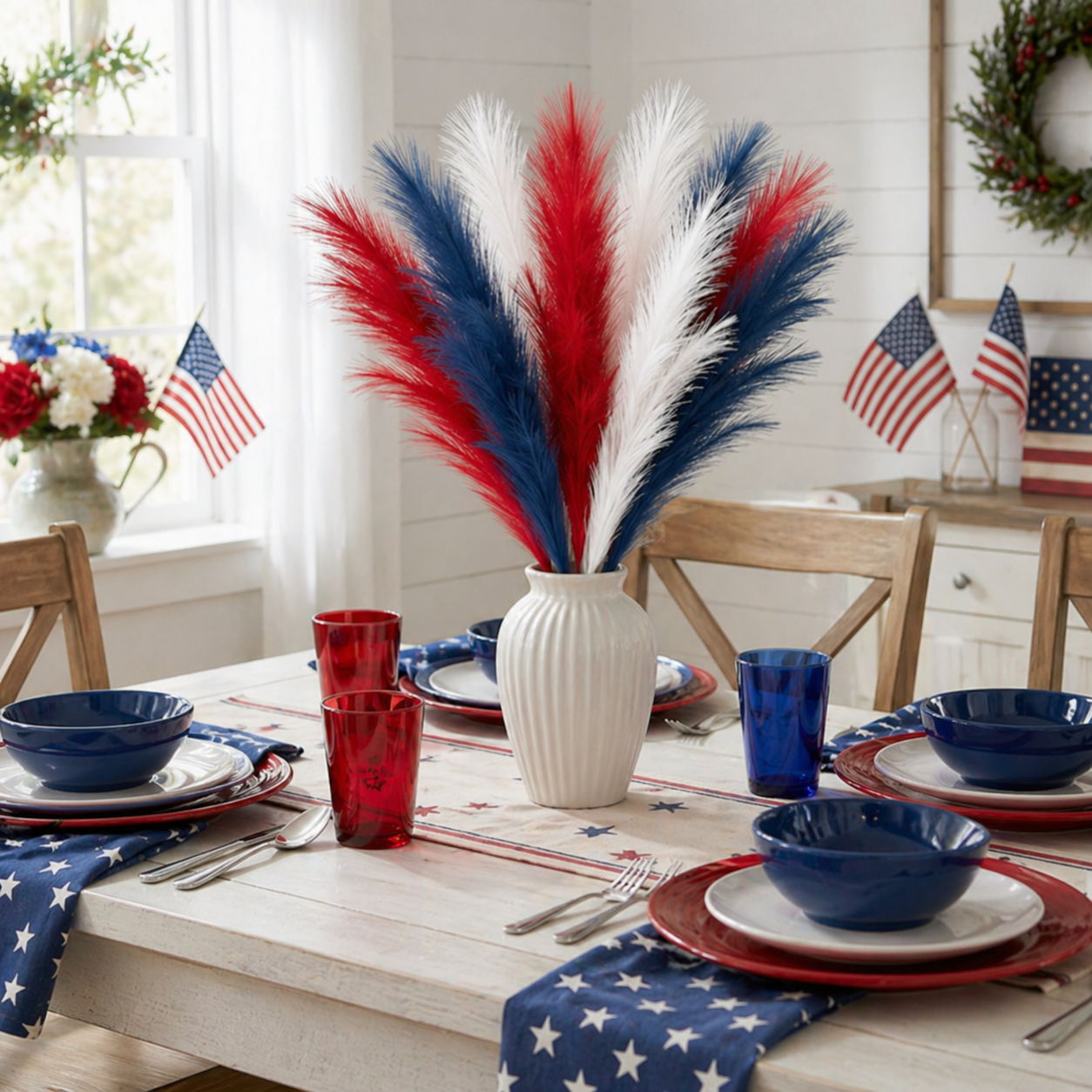 9PCS Patriotic Pampas Grass Stems