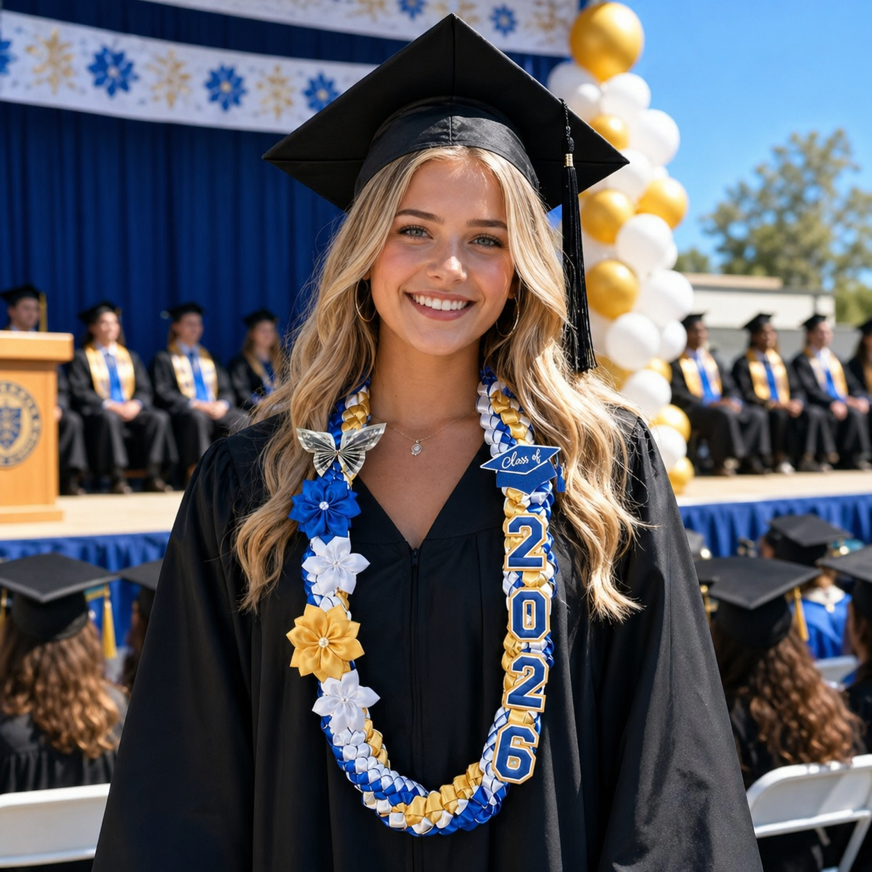 Class of 2026 Graduation Ribbon Lei with Handmade Flowers