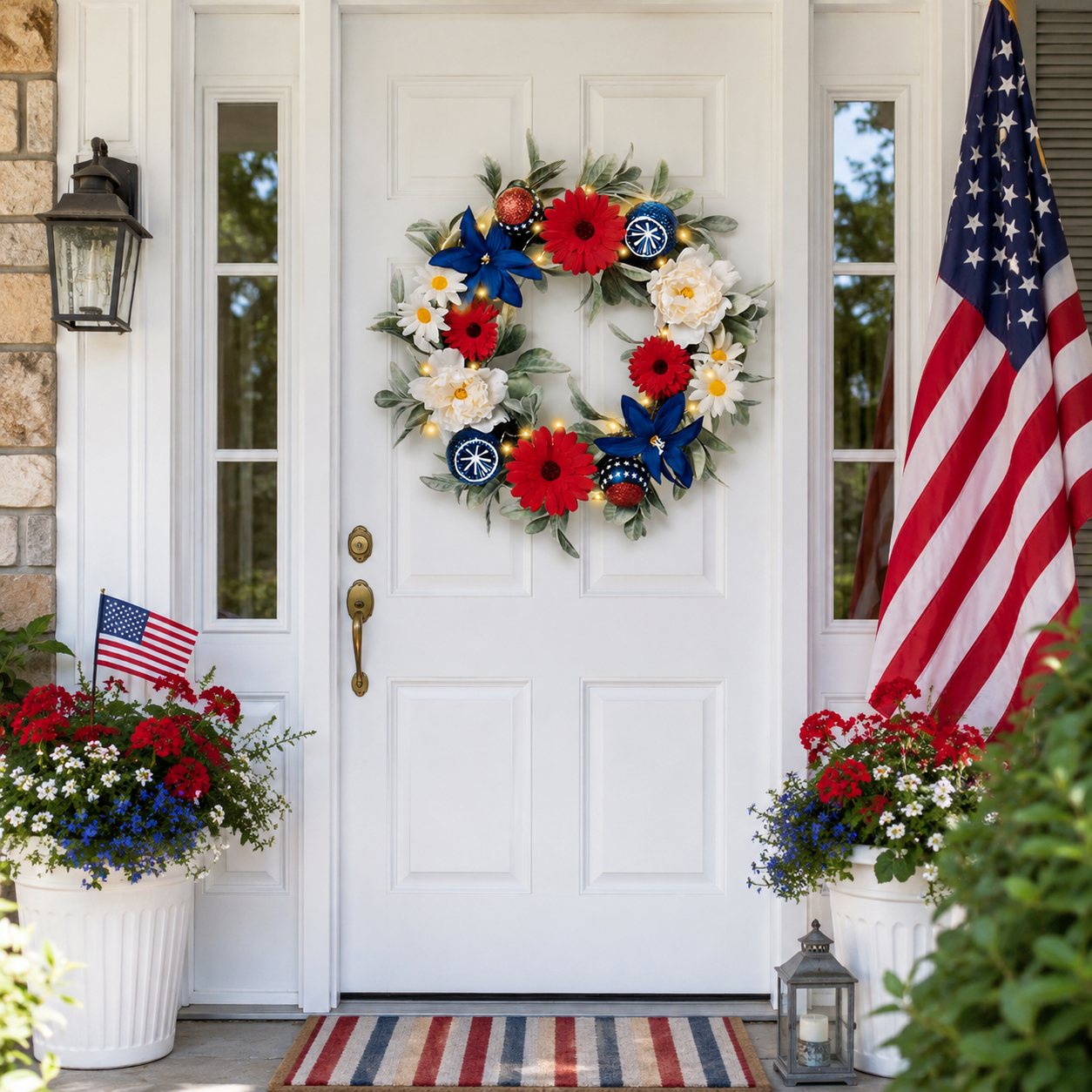 Lighted Patriotic Floral Wreath with Red, White & Blue Flowers