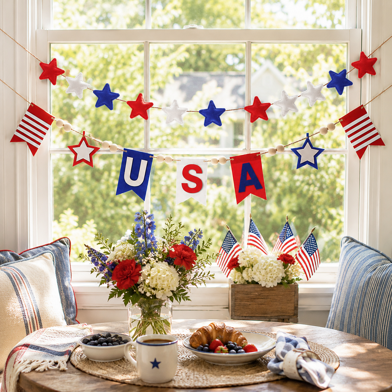 250 Patriotic USA Star & Wood Bead Hanging Banner