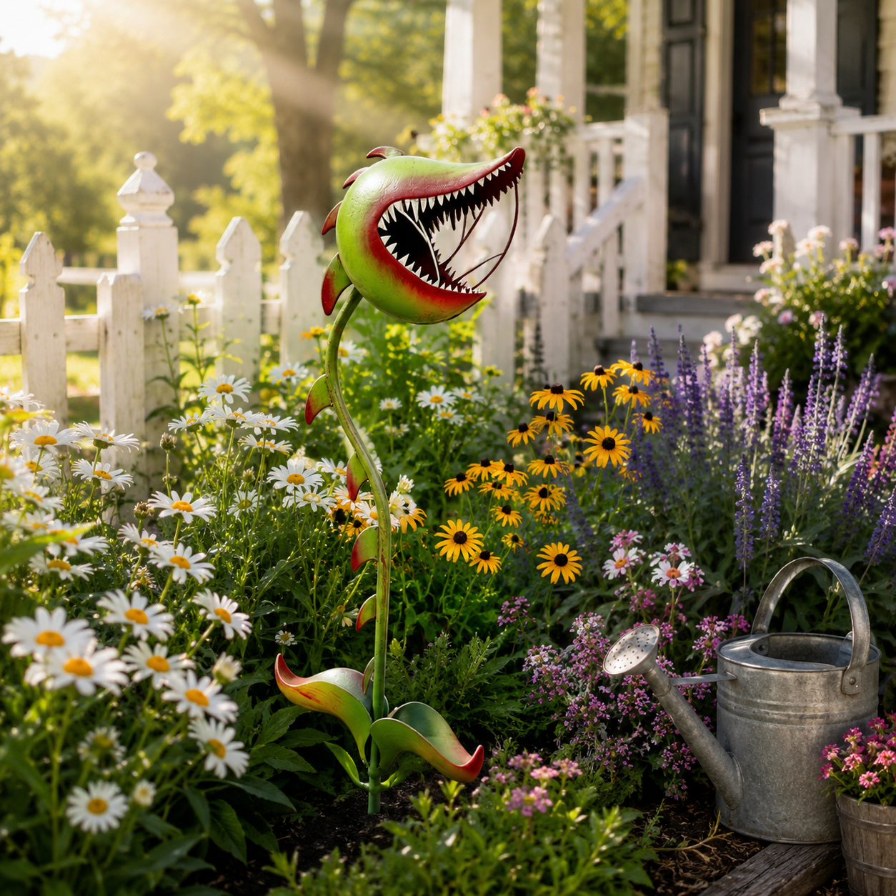 Whimsical Man-Eating Flower Metal Garden Stakeen