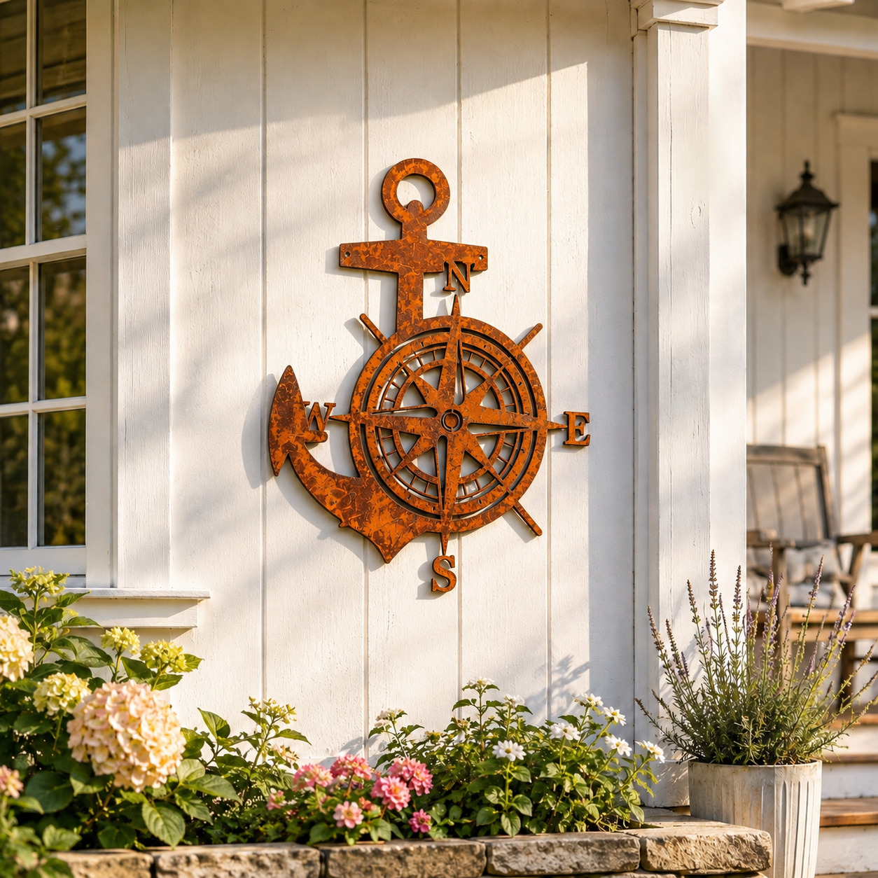 Anchor Compass Metal Wall Decor, Rustic Nautical Wall Art, Coastal Farmhouse Anchor Compass Sign for Porch