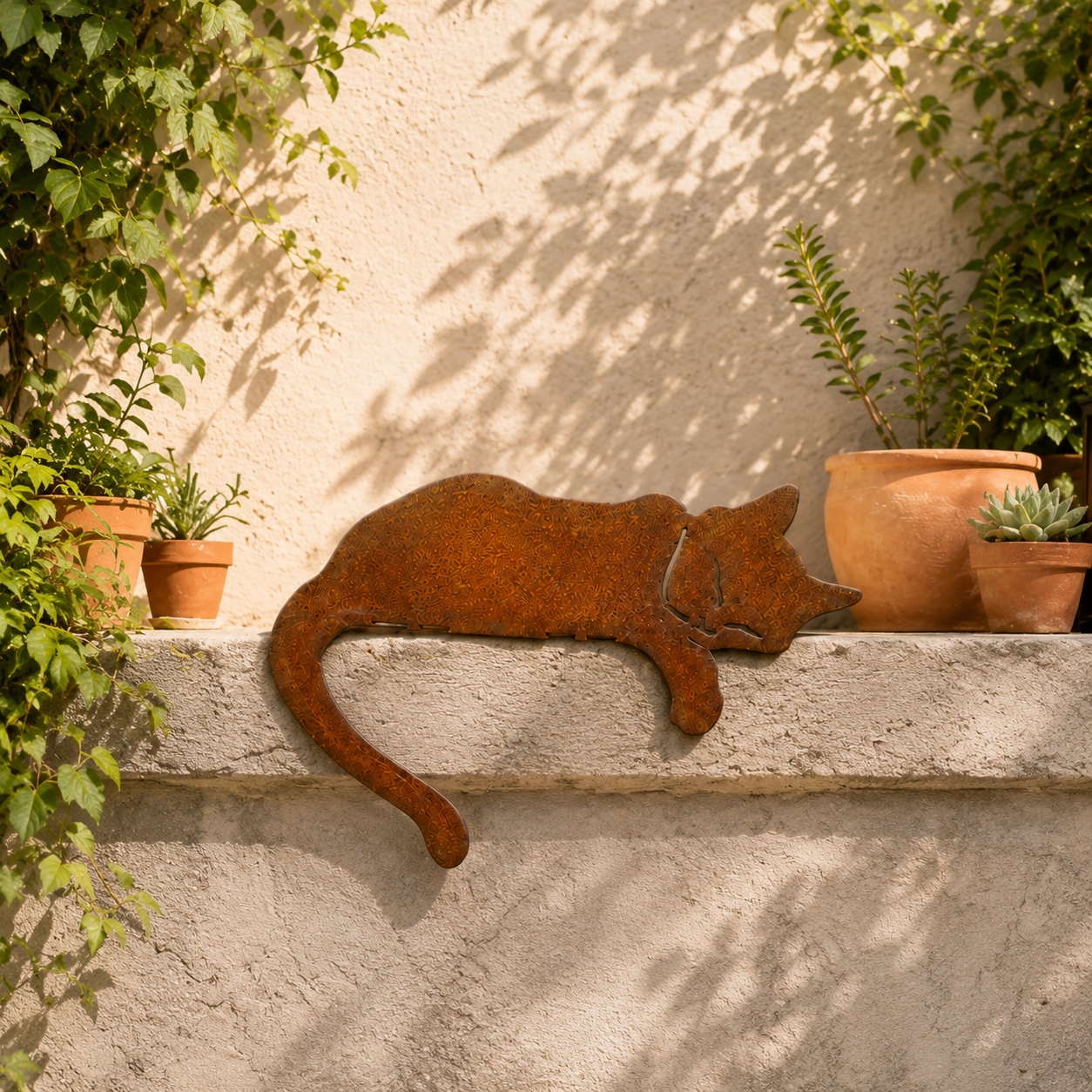 Rusty Sleeping Cat Metal Decor for Fence, Garden, Porch & Yard