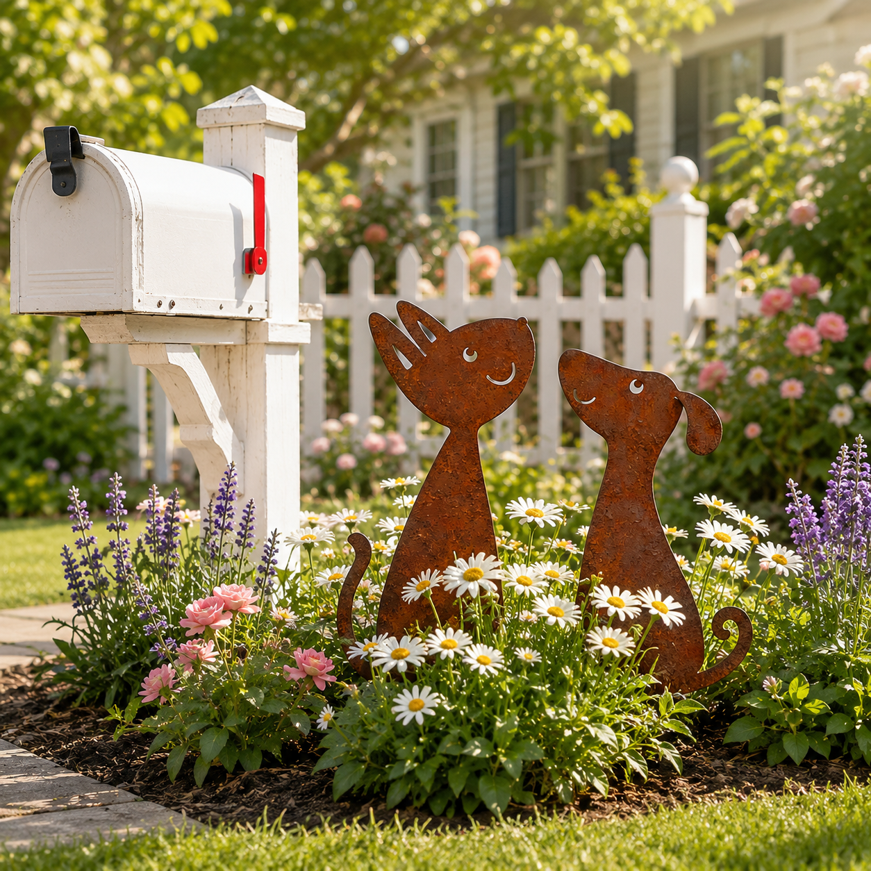 Rusty Cat and Dog Metal Garden Stakes