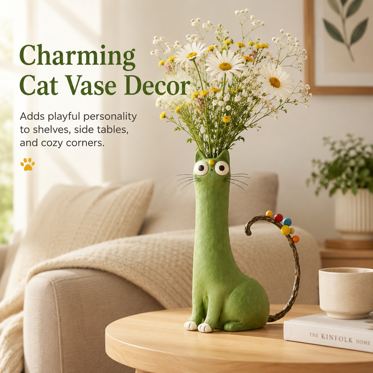 Whimsical Green Cat Vase