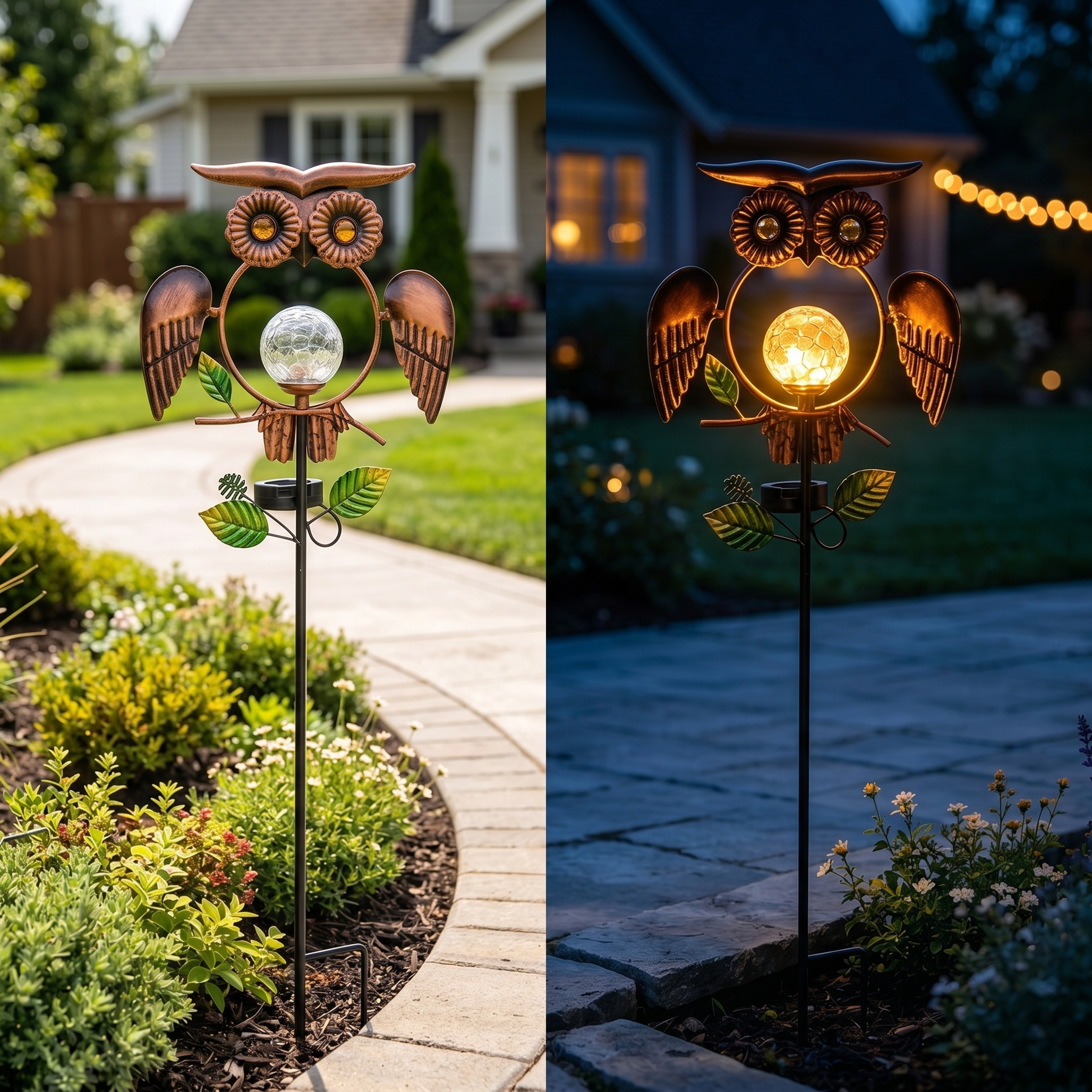 Solar Wrought Iron Owl Garden Statue with Crackle Glass Globe