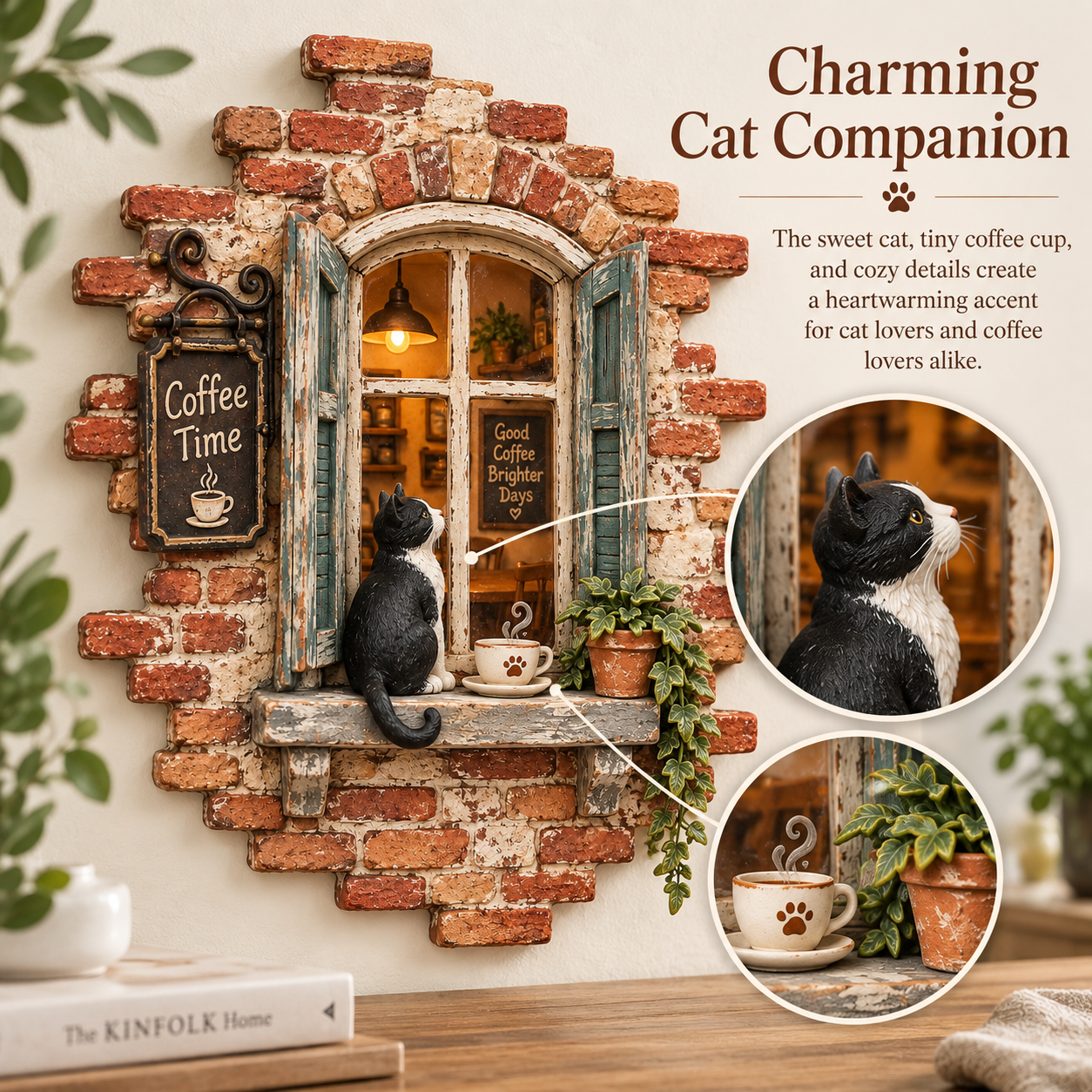 Rustic Cat Coffee Window Wall Decor with LED Light