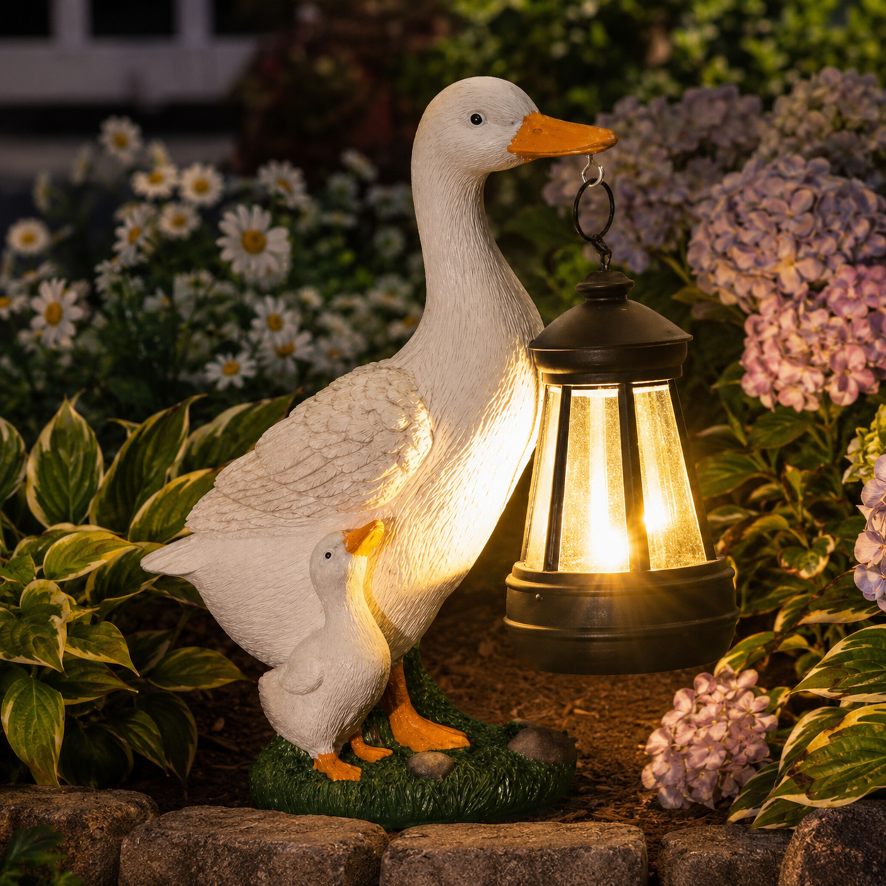 Solar White Duck Lantern Garden Decor