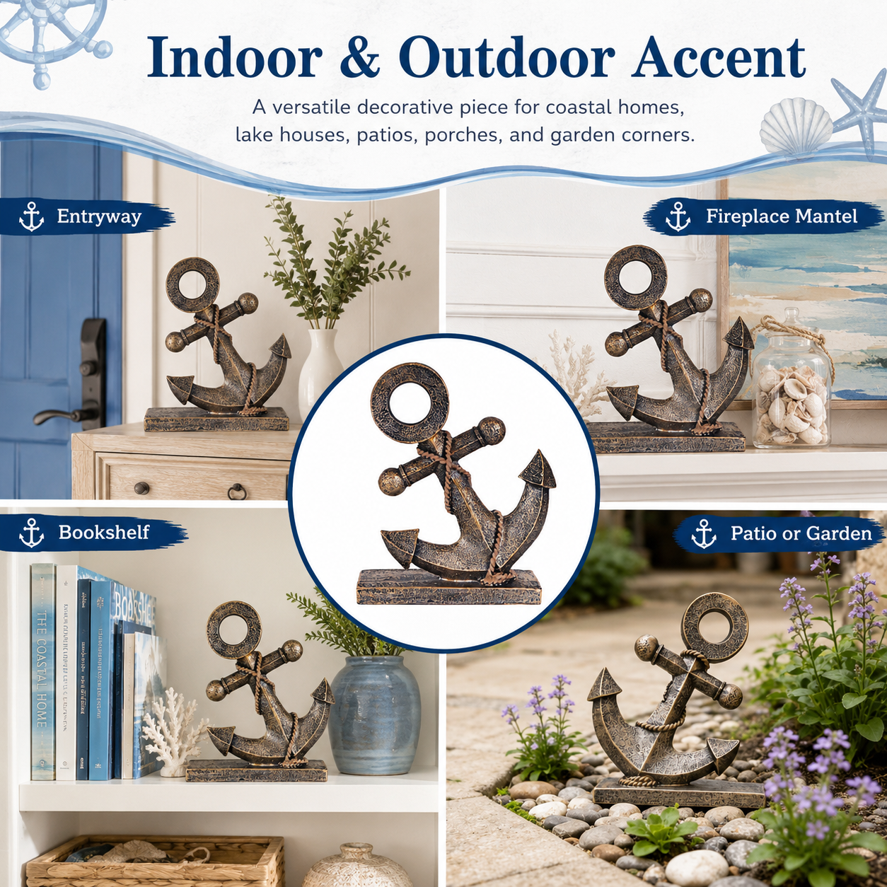 Freestanding Nautical Anchor Decor, Antique Bronze Coastal Tabletop & Garden Accent