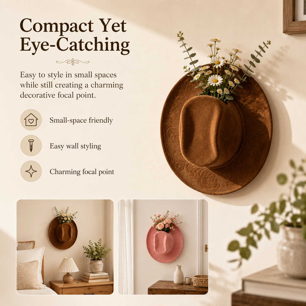 Cowboy Hat Wall Vase Decor, Western Farmhouse Wall Planter for Flowers