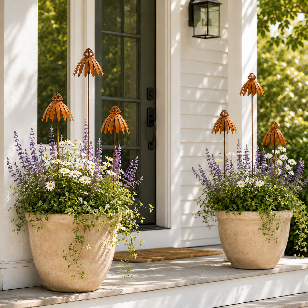 Rustic Metal Coneflower Garden Stakes, Weathered Metal Flower Yard Decor