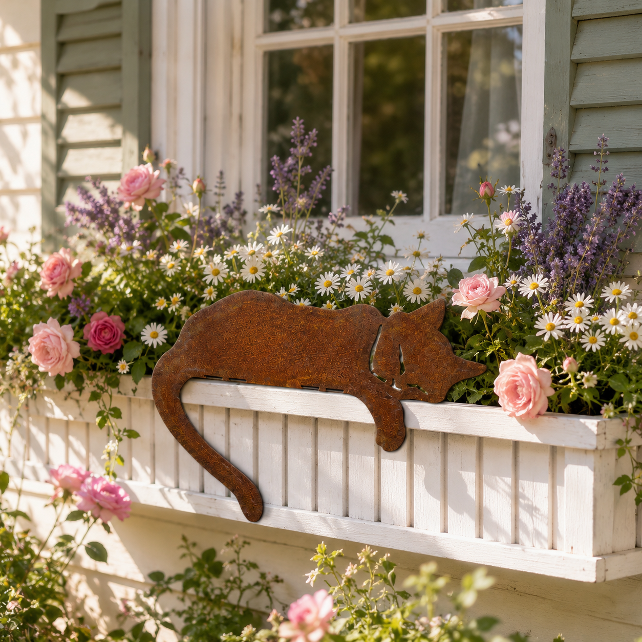 Rusty Sleeping Cat Metal Decor for Fence, Garden, Porch & Yard