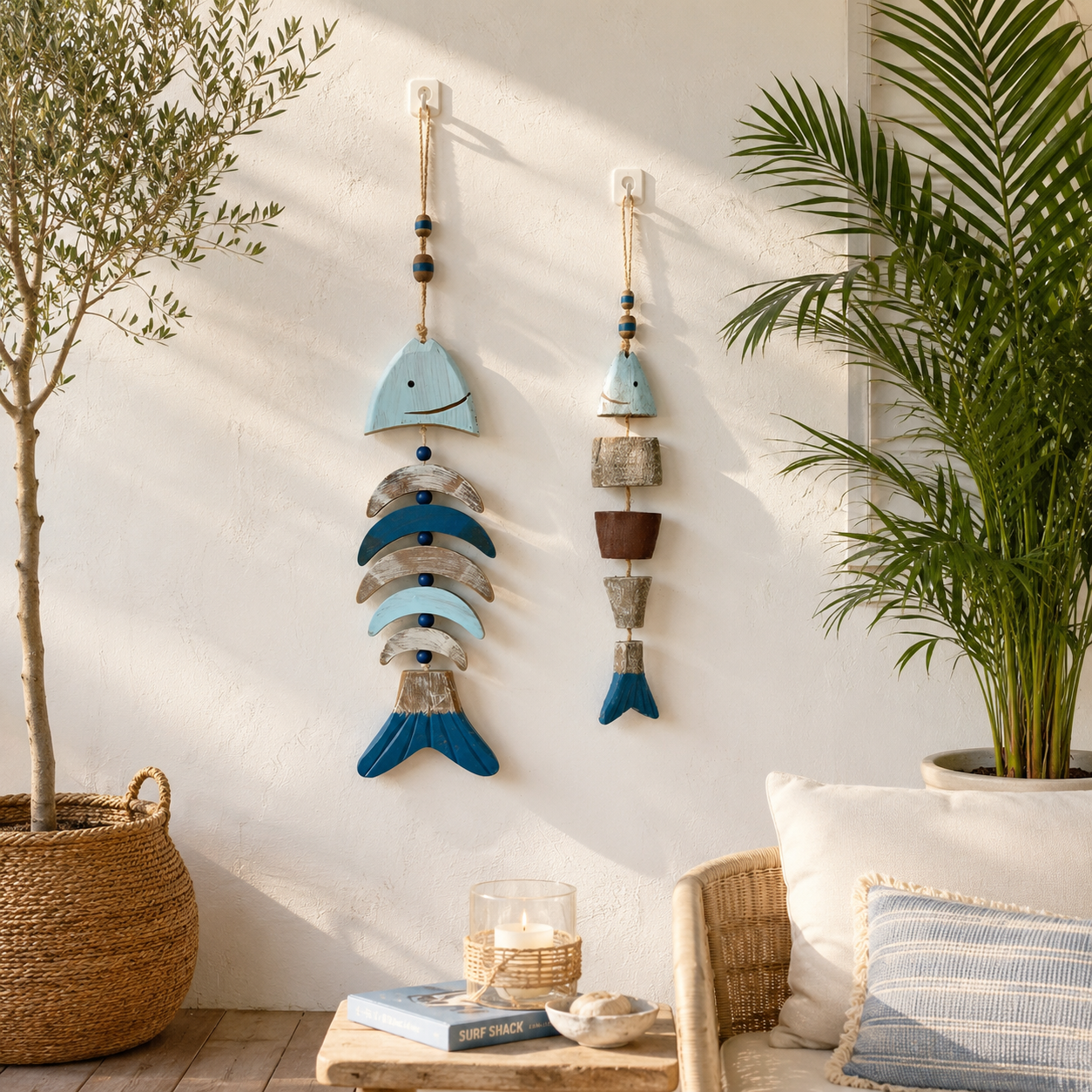 Coastal Fish Wooden Hanging Decor with Remote-Controlled Warm White String Lights