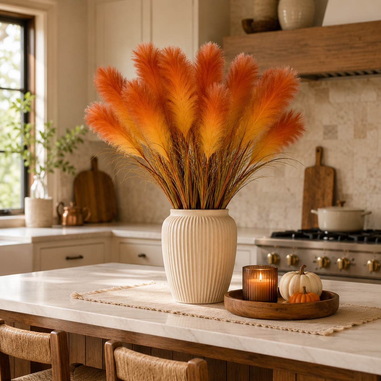 2 Bundles Artificial Pampas Grass Bouquet, 31.5 in Tall Fall Faux Pampas Grass Stems, 3 Plumes Per Bundle