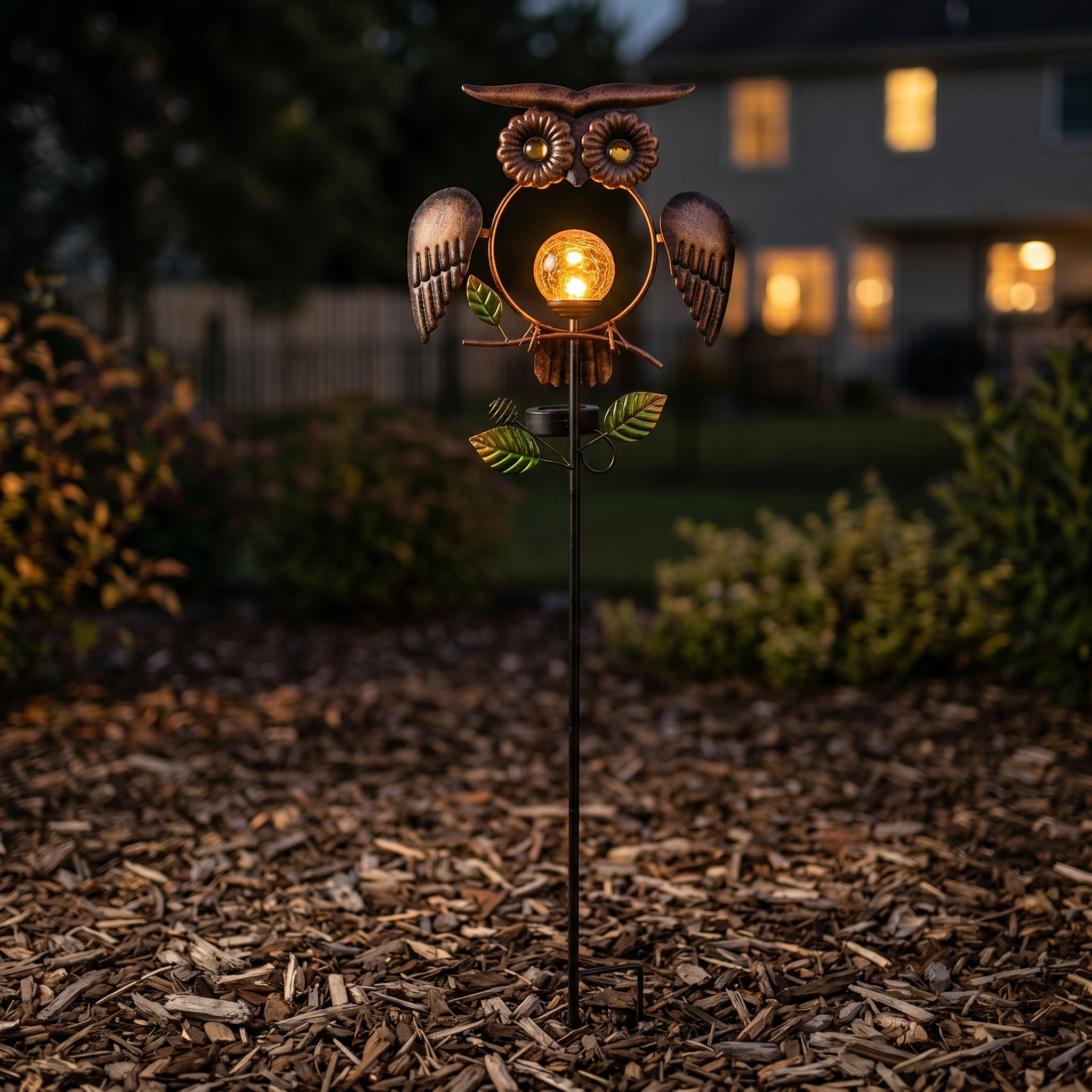 Solar Wrought Iron Owl Garden Statue with Crackle Glass Globe