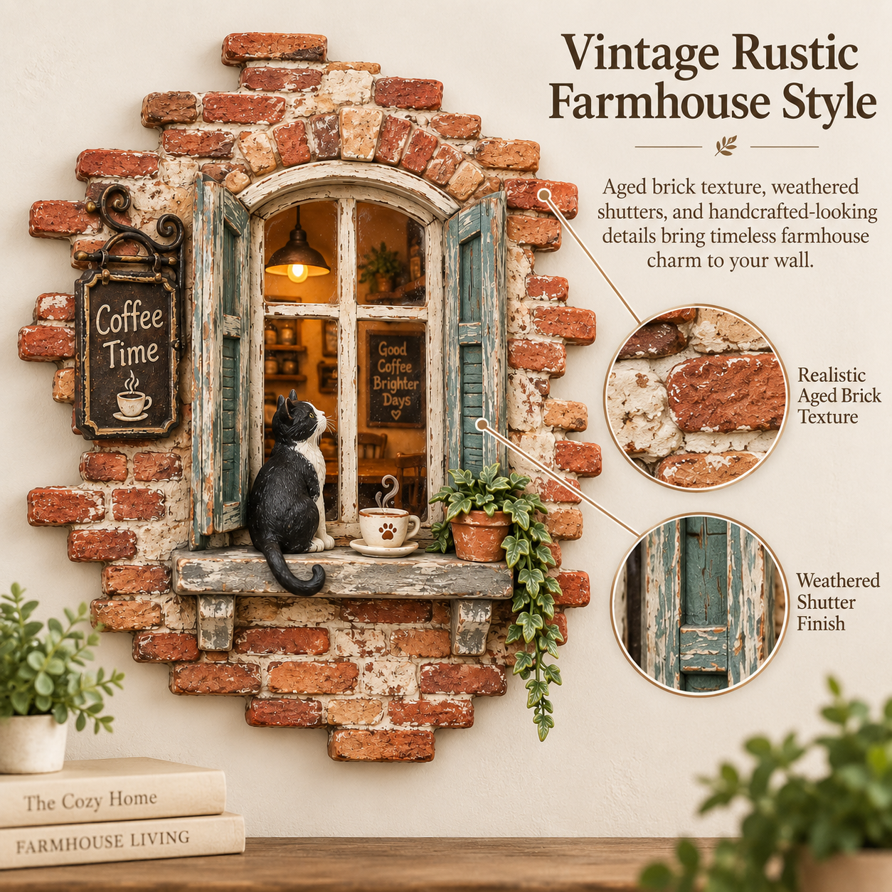 Rustic Cat Coffee Window Wall Decor with LED Light