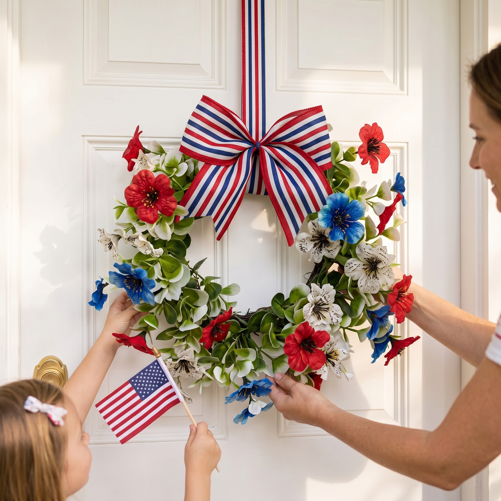 Patriotic Floral Wreath with Striped Bow