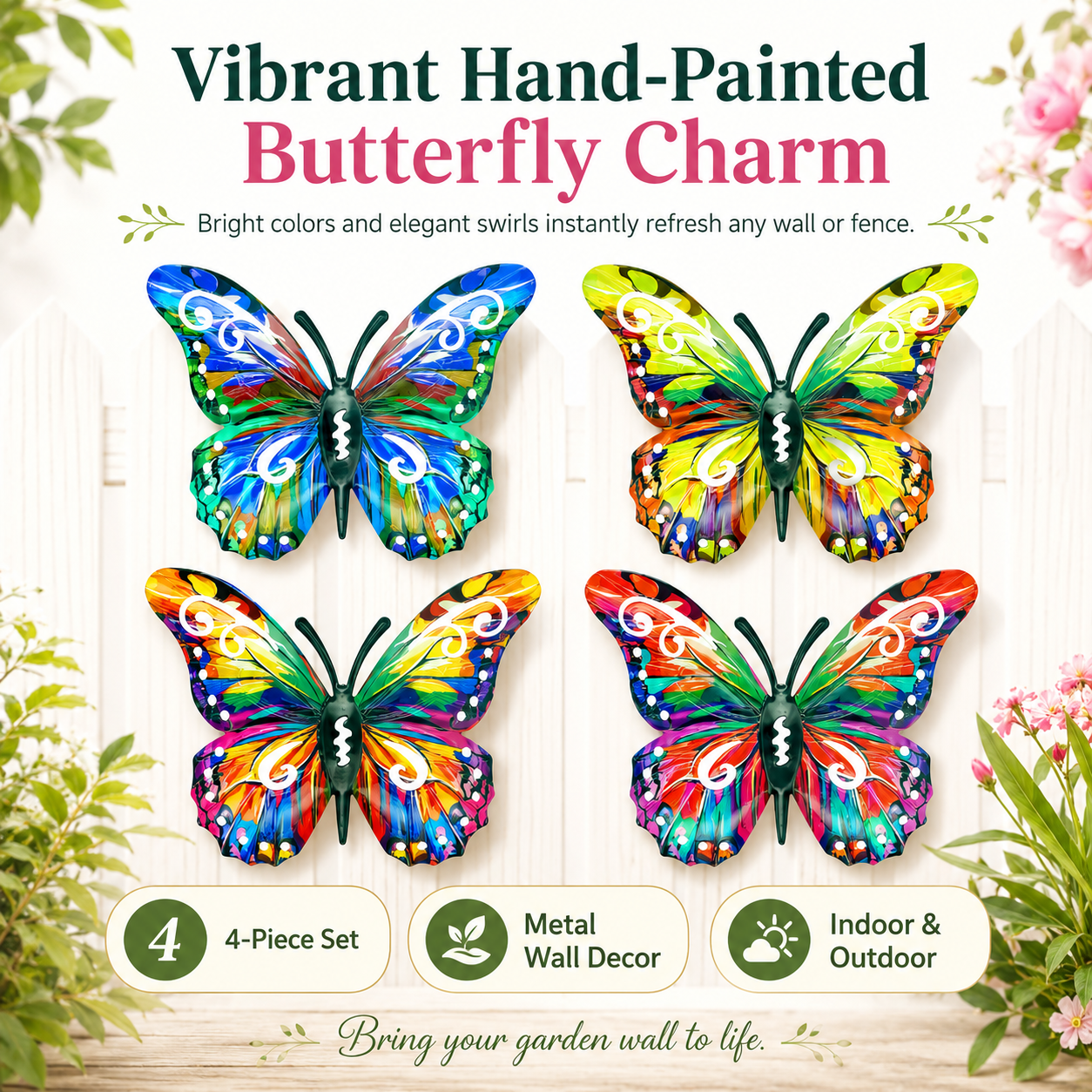 4-Pack Colorful Metal Butterfly Wall Decor, Hand-Painted Iron