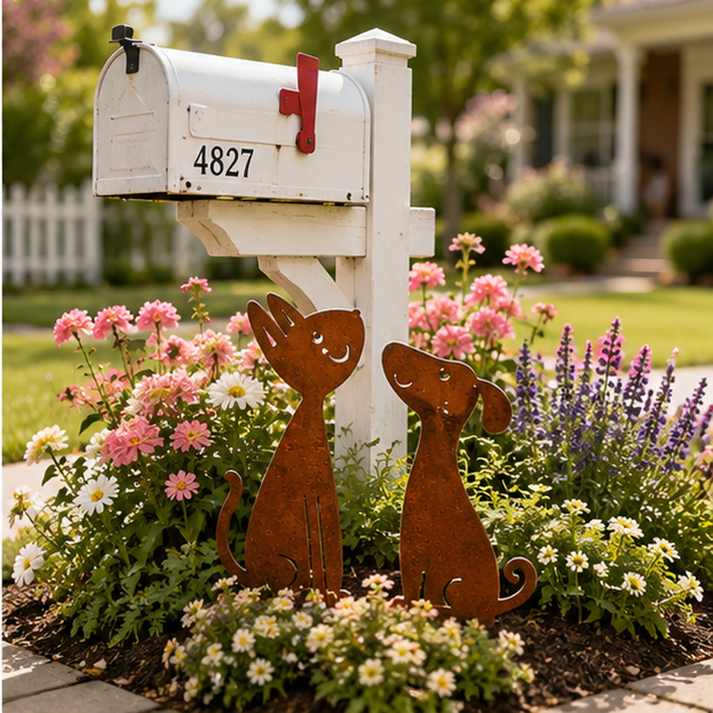 Rusty Cat and Dog Metal Garden Stakes