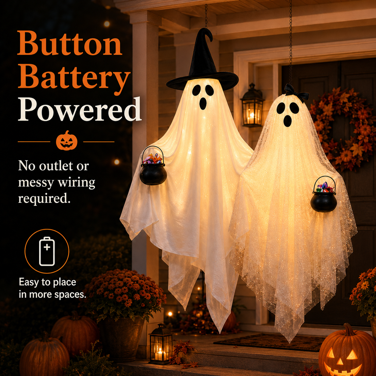 2 Pack Lighted Hanging Ghost Decorations with Remote
