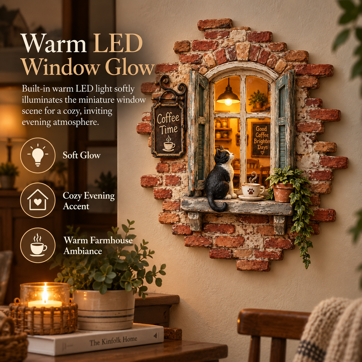 Rustic Cat Coffee Window Wall Decor with LED Light