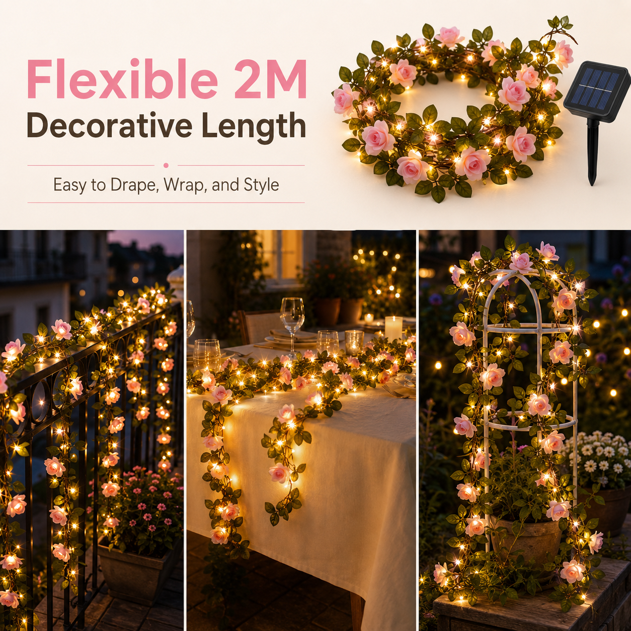 78.7 in 20 Warm LED Champagne Rose Garland String Lights
