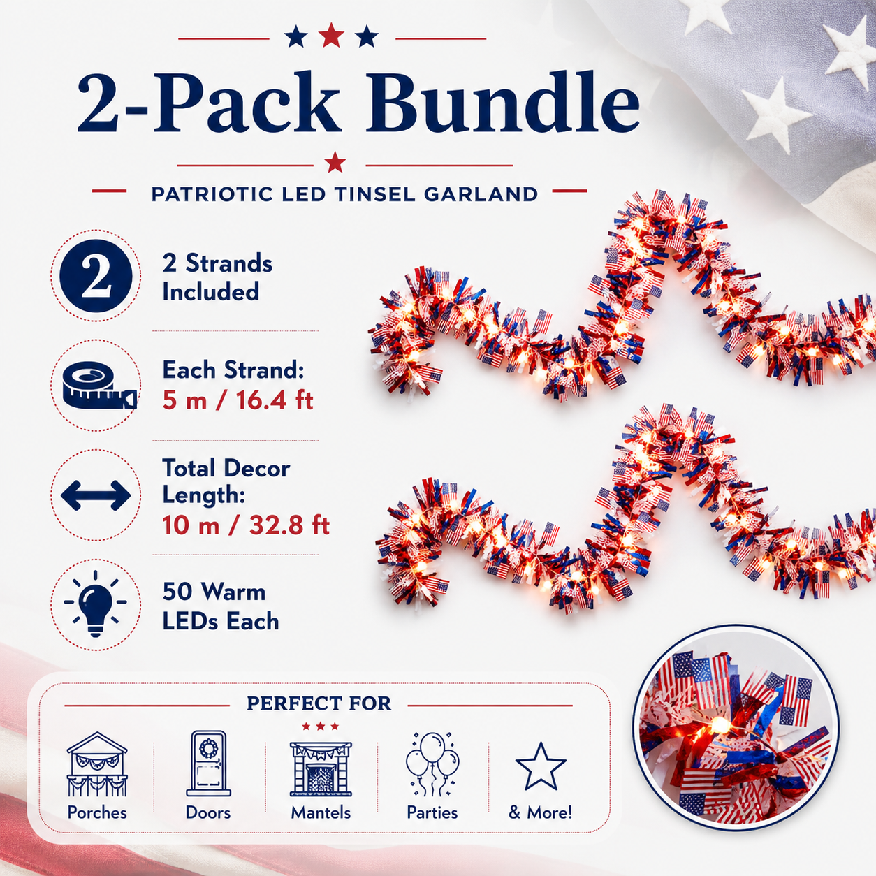 2-Pack 5m Patriotic LED Tinsel Garland – 50 Warm Lights