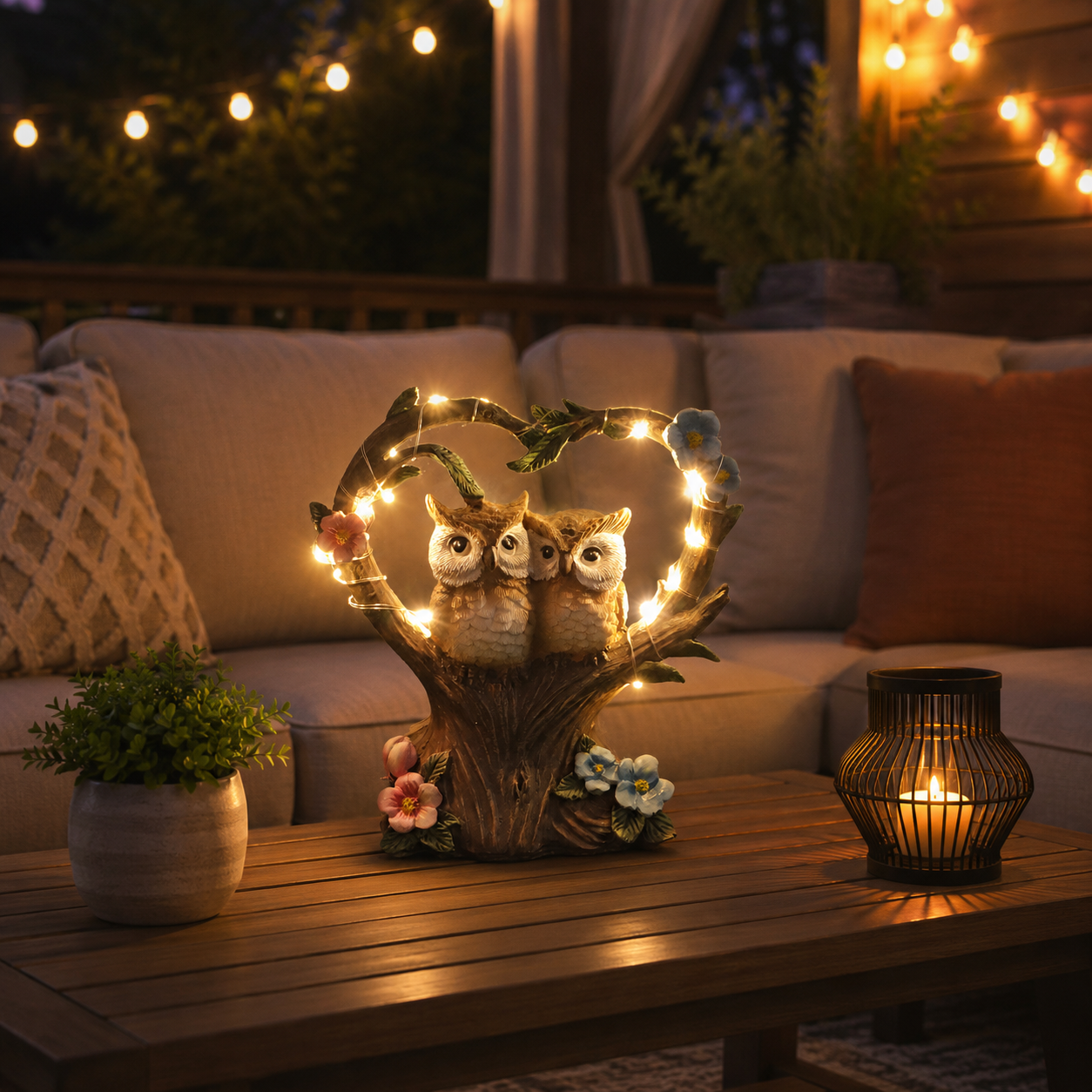 Solar Owl Couple Garden Statue