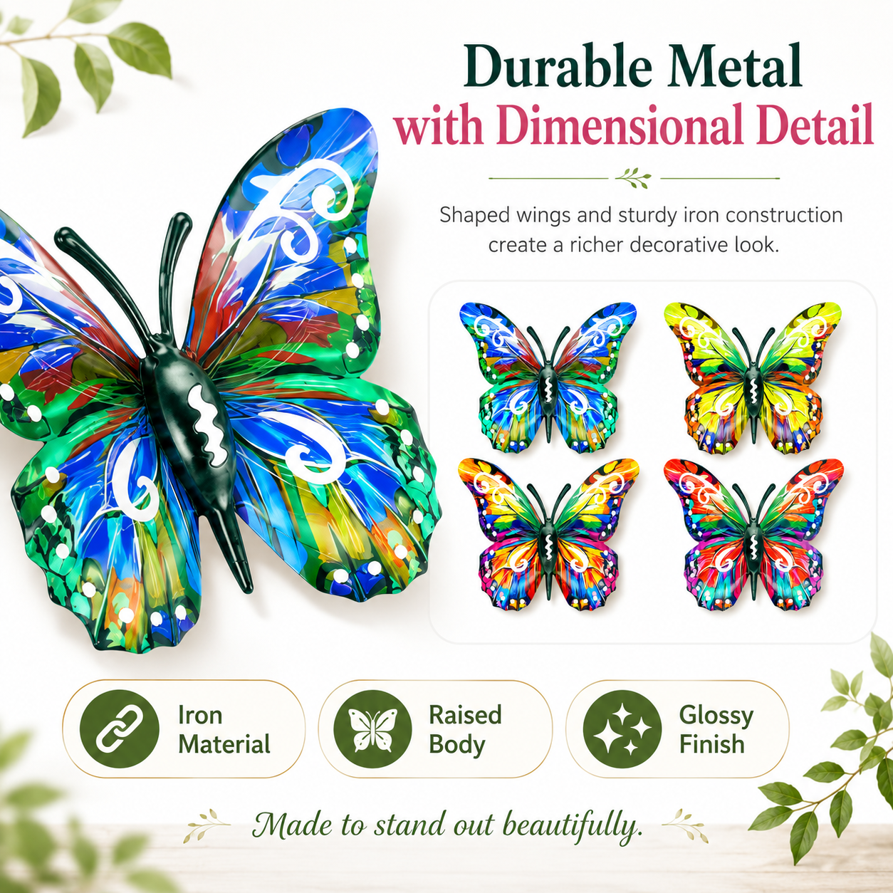 4-Pack Colorful Metal Butterfly Wall Decor, Hand-Painted Iron