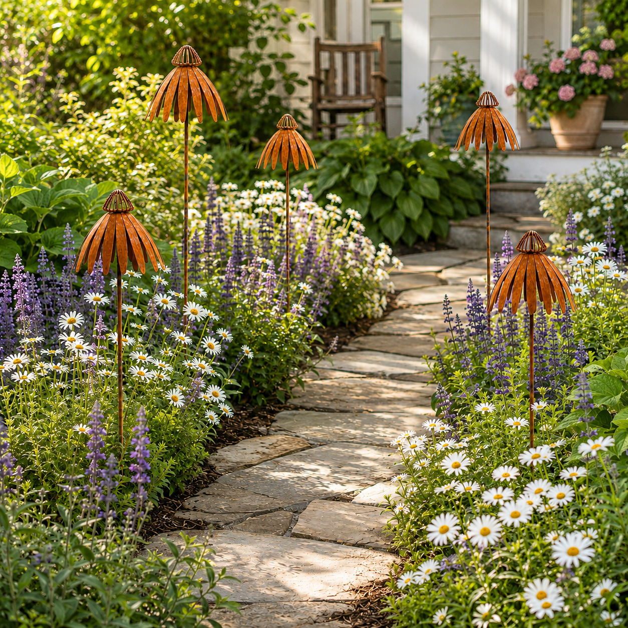 Rustic Metal Coneflower Garden Stakes, Weathered Metal Flower Yard Decor