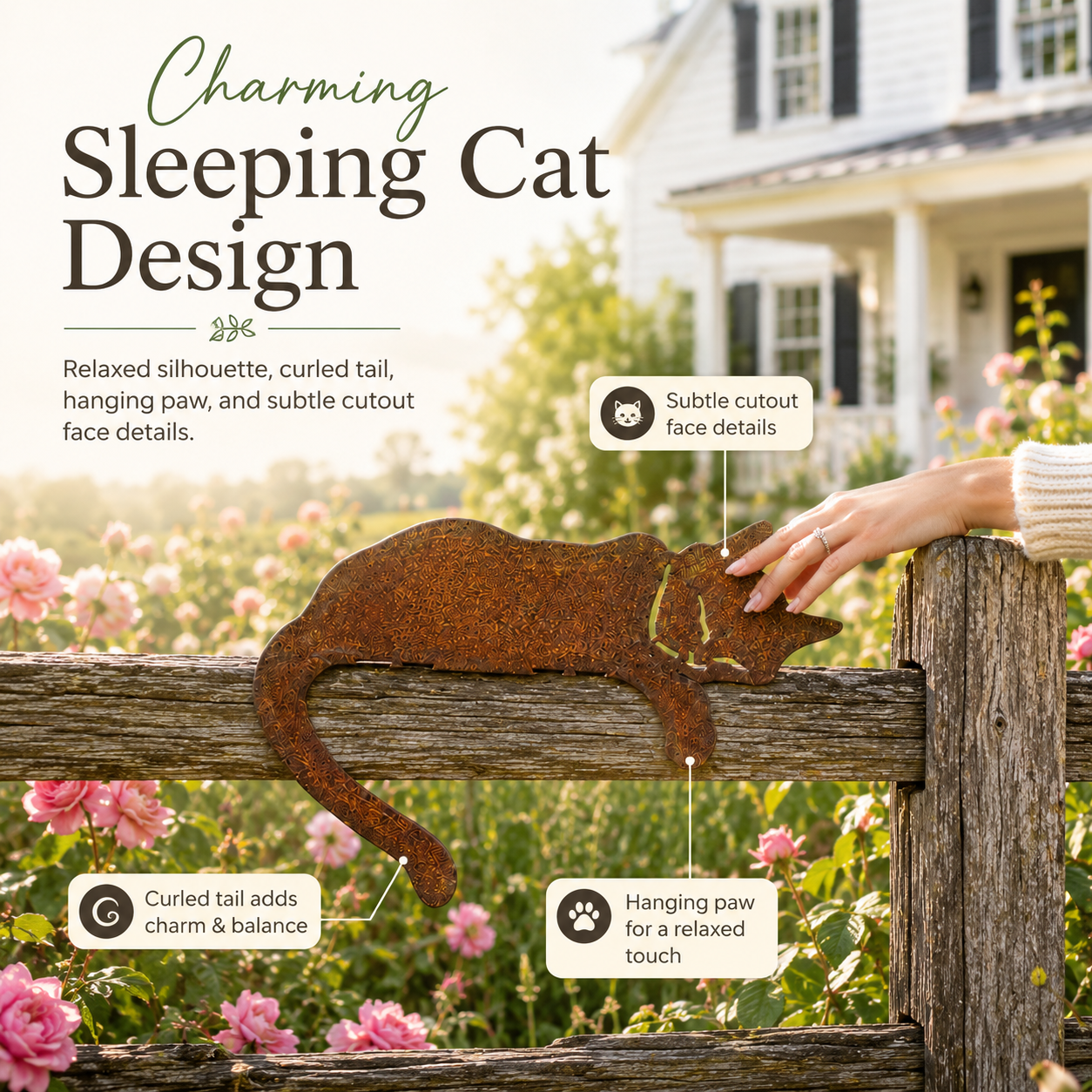 Rusty Sleeping Cat Metal Decor for Fence, Garden, Porch & Yard