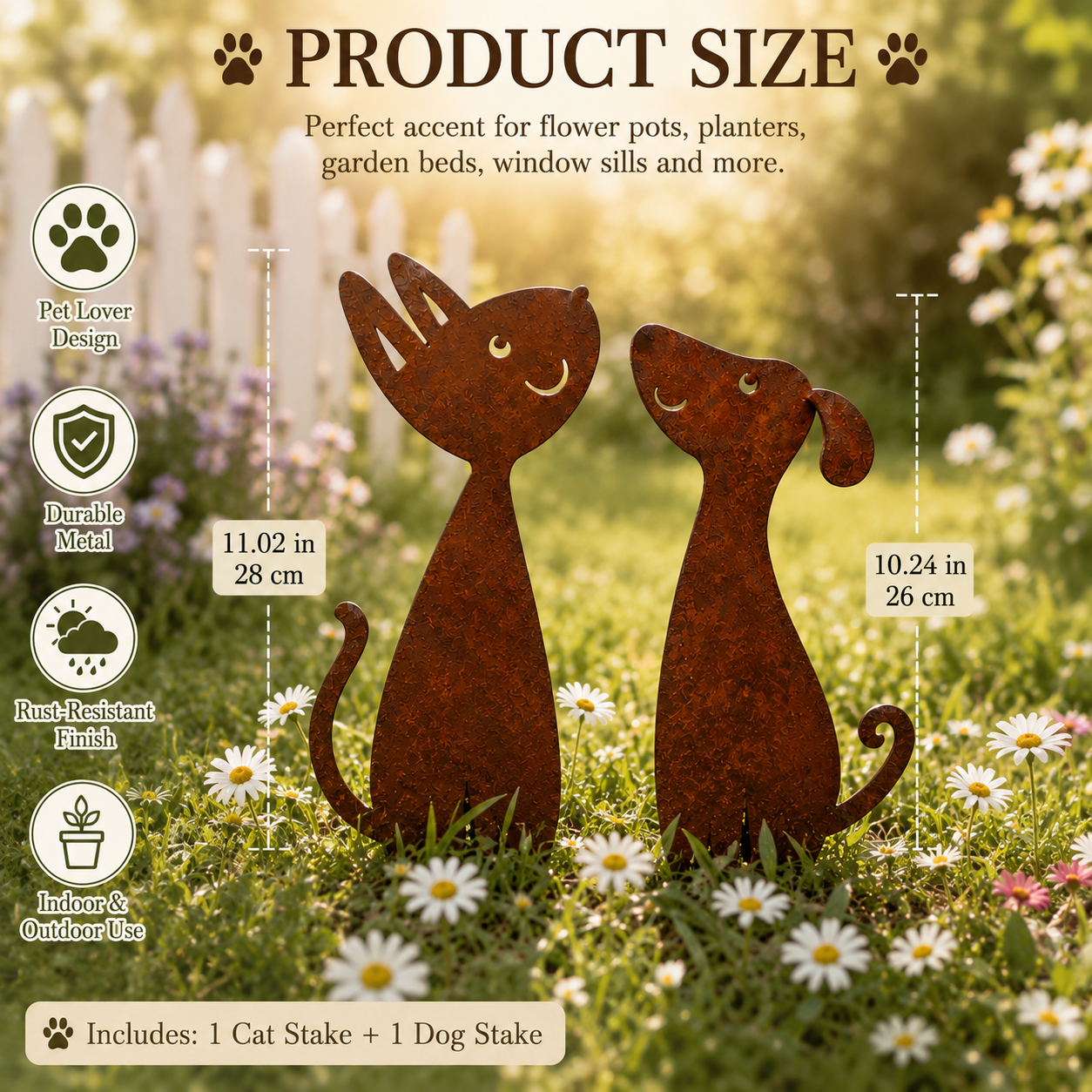 Rusty Cat and Dog Metal Garden Stakes