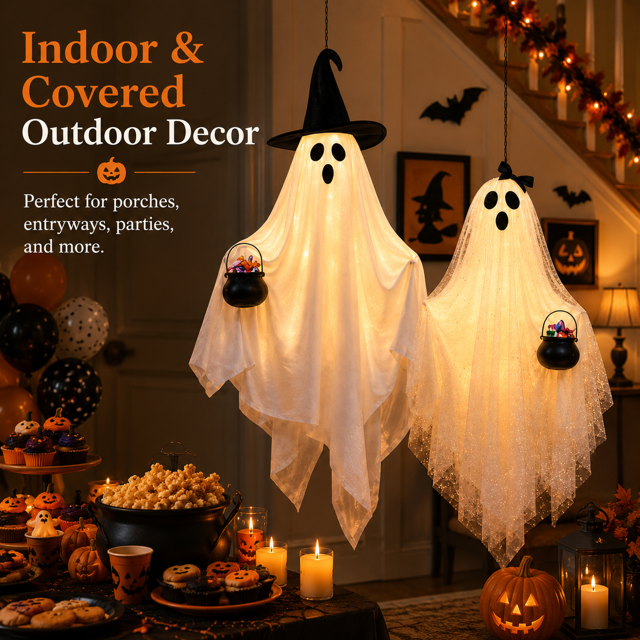 2 Pack Lighted Hanging Ghost Decorations with Remote
