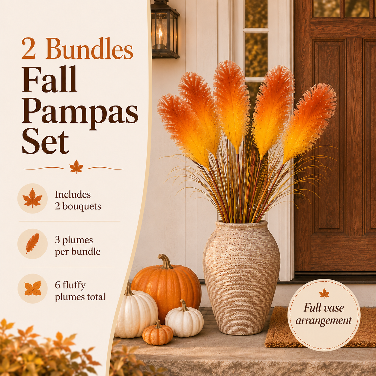 2 Bundles Artificial Pampas Grass Bouquet, 31.5 in Tall Fall Faux Pampas Grass Stems, 3 Plumes Per Bundle