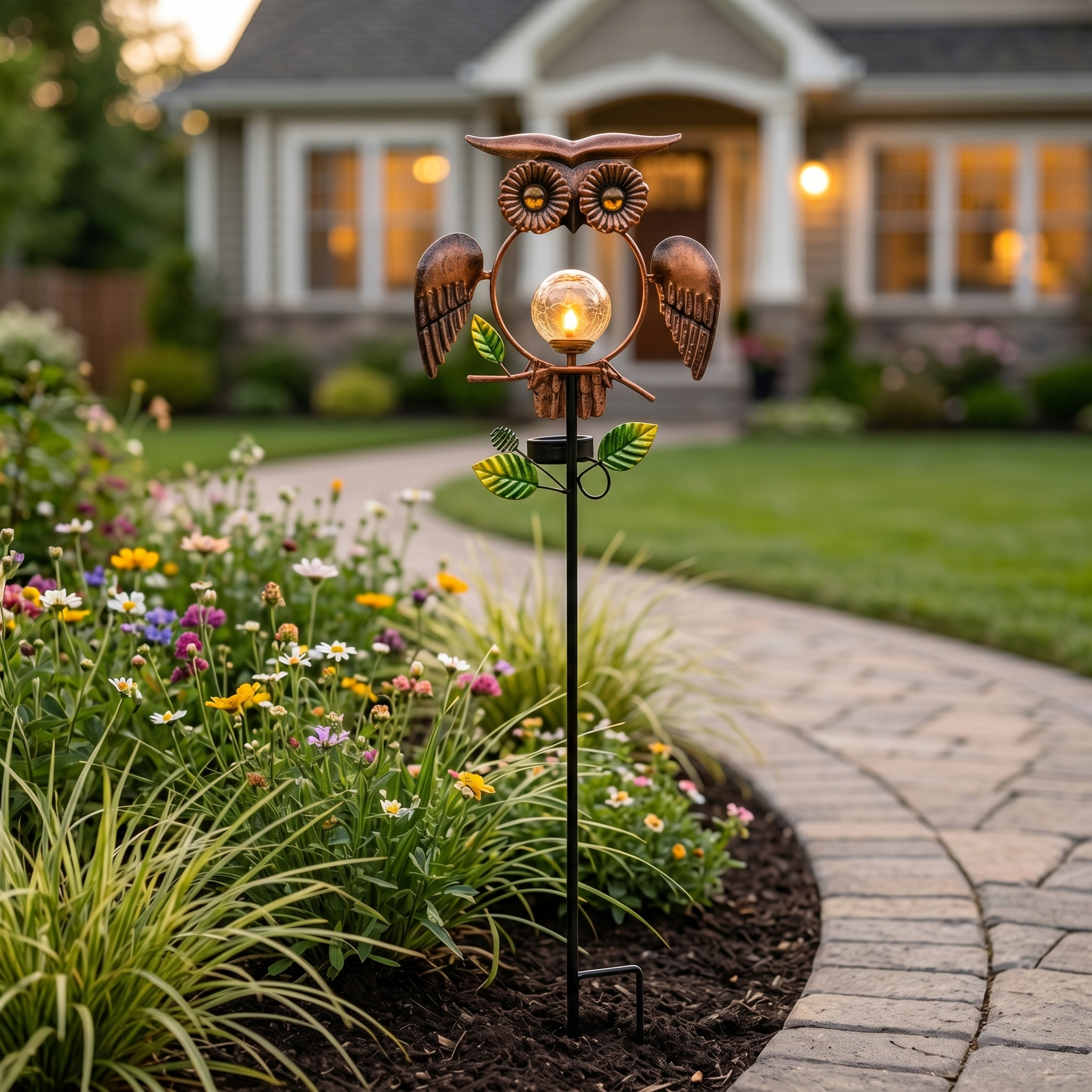 Solar Wrought Iron Owl Garden Statue with Crackle Glass Globe