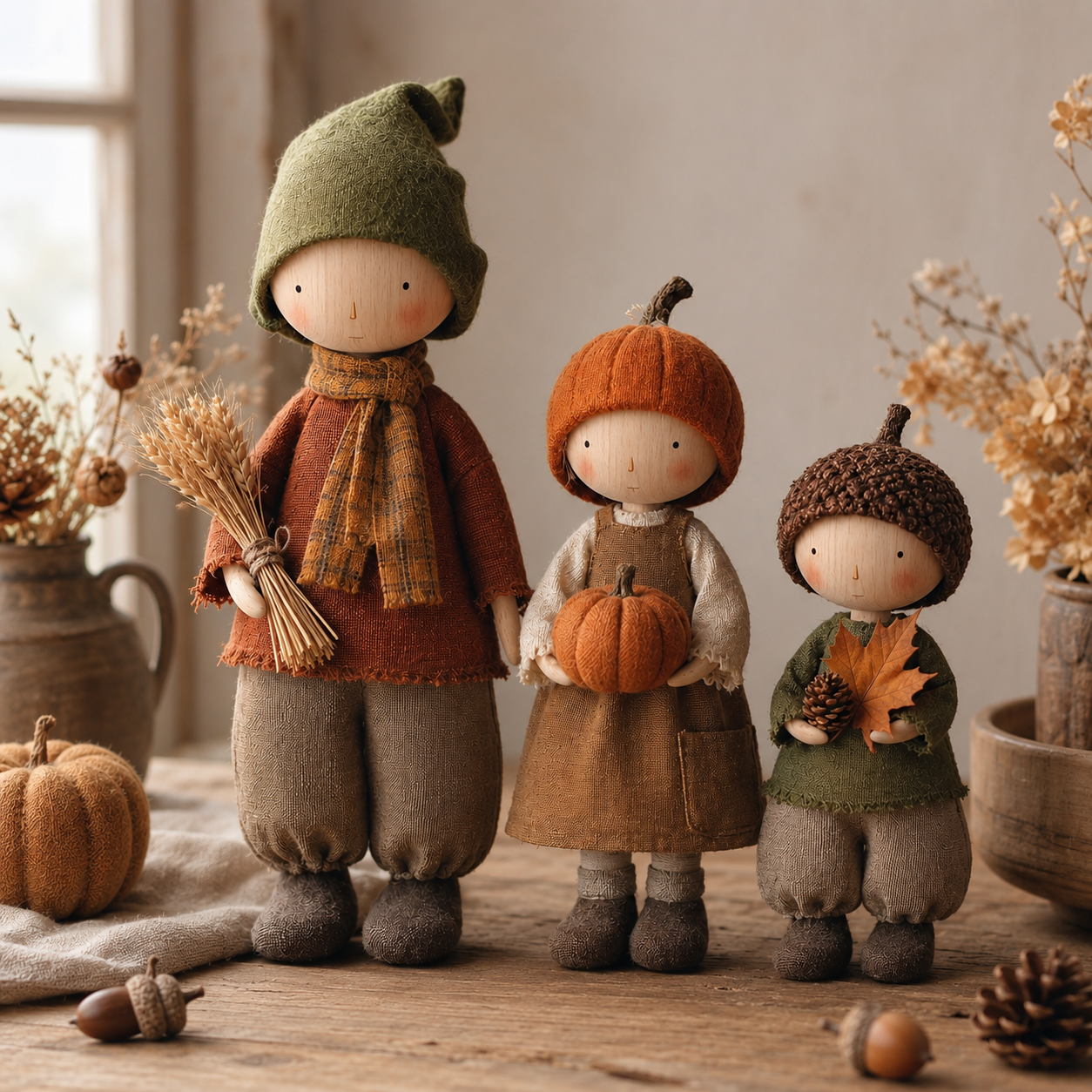 Set of 3 Rustic Fall Harvest Doll Figurines
