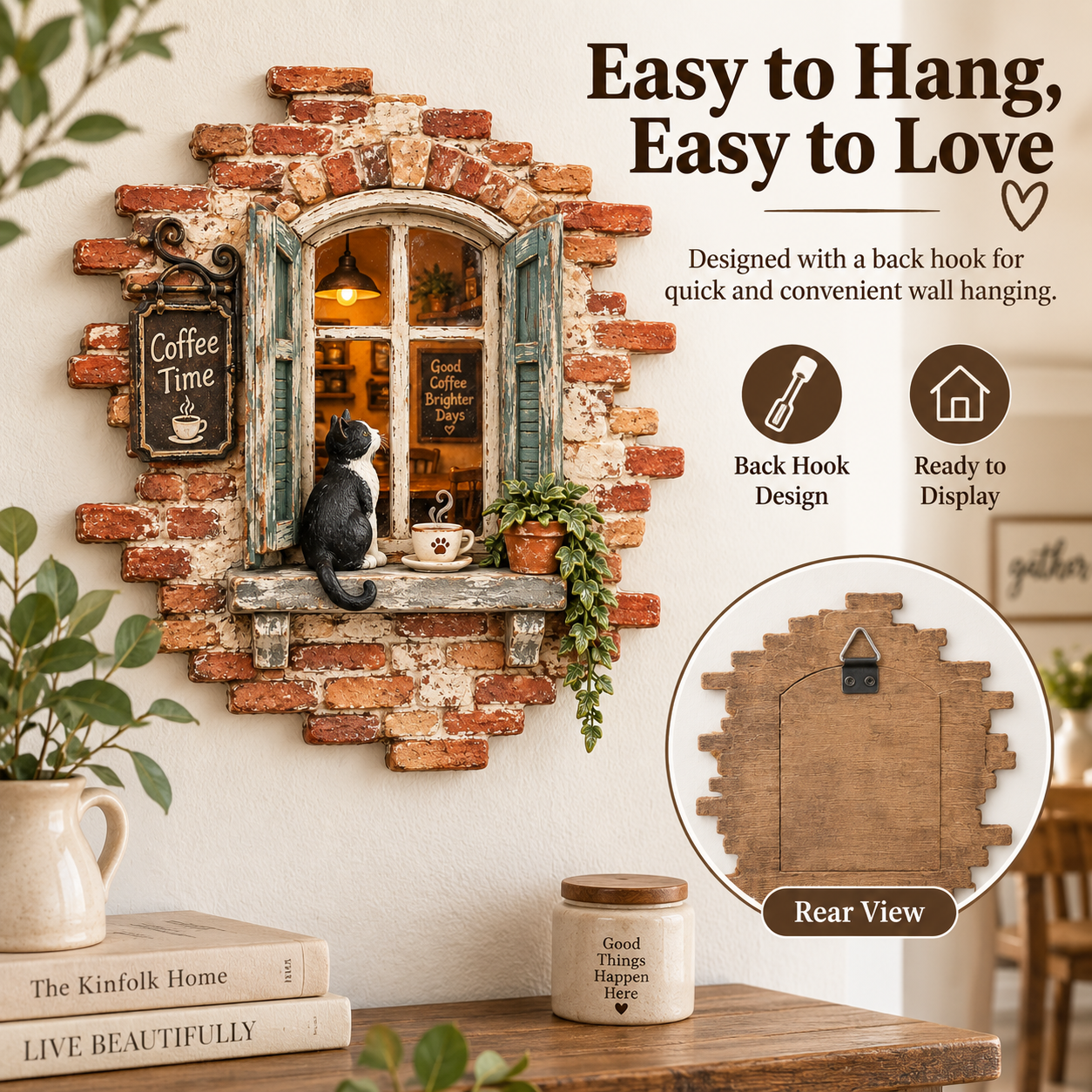 Rustic Cat Coffee Window Wall Decor with LED Light