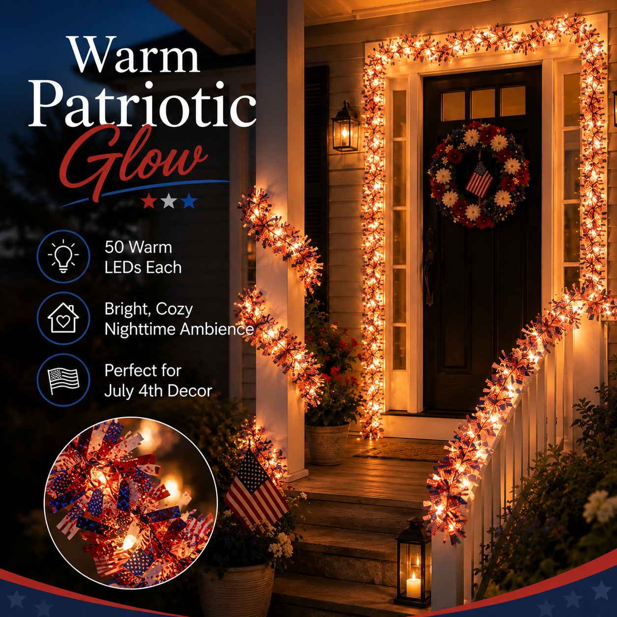 2-Pack 5m Patriotic LED Tinsel Garland – 50 Warm Lights