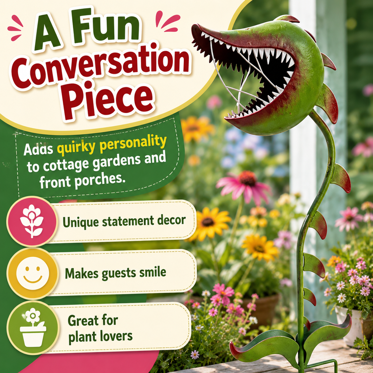 Whimsical Man-Eating Flower Metal Garden Stakeen