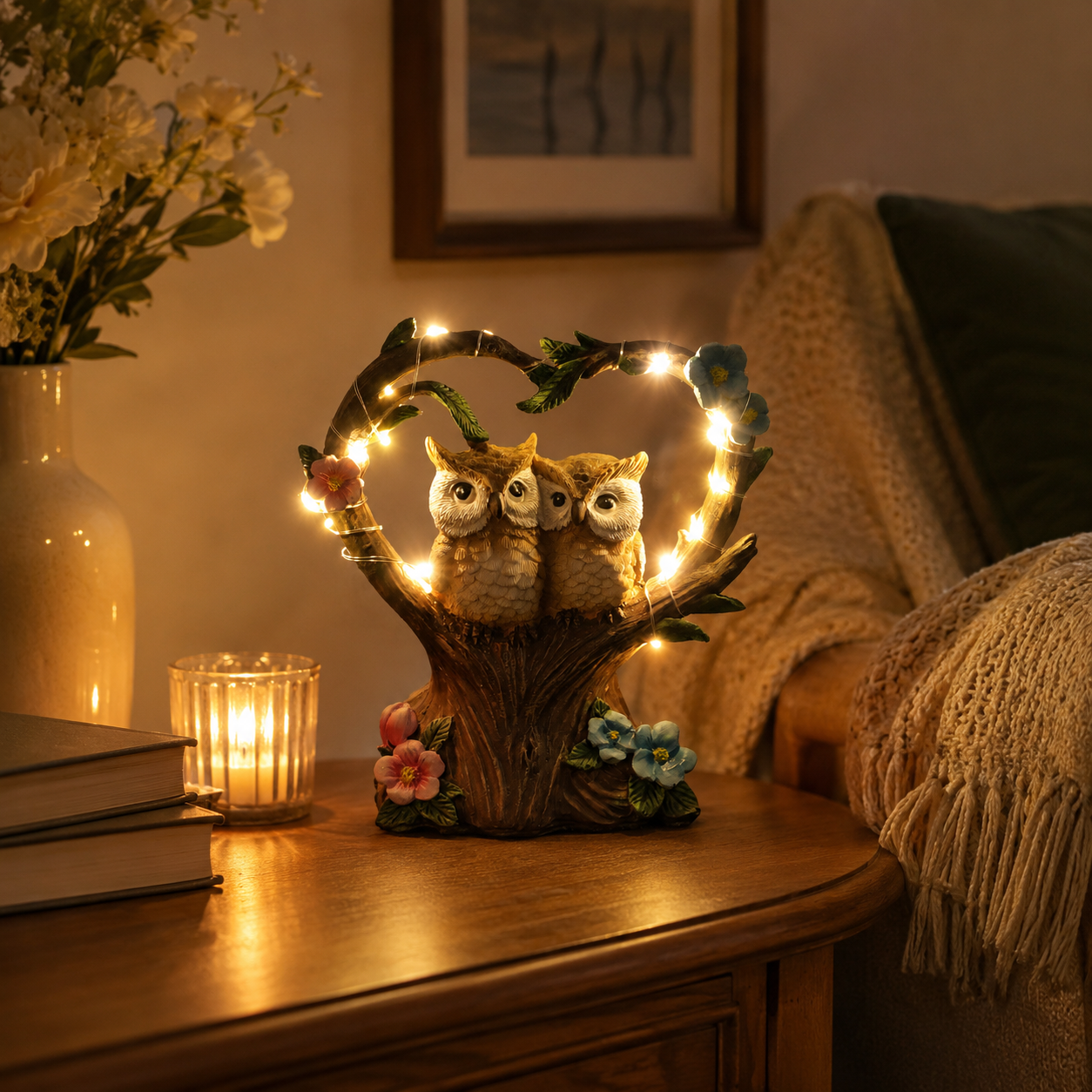 Solar Owl Couple Garden Statue