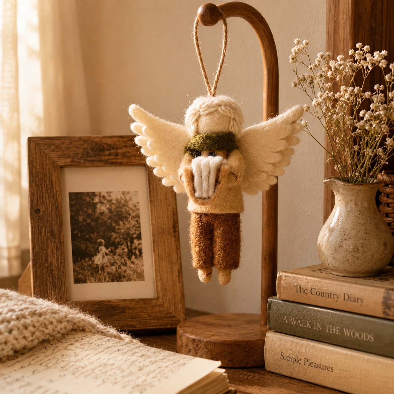 Handmade Wool Felt Reading Angel Ornament