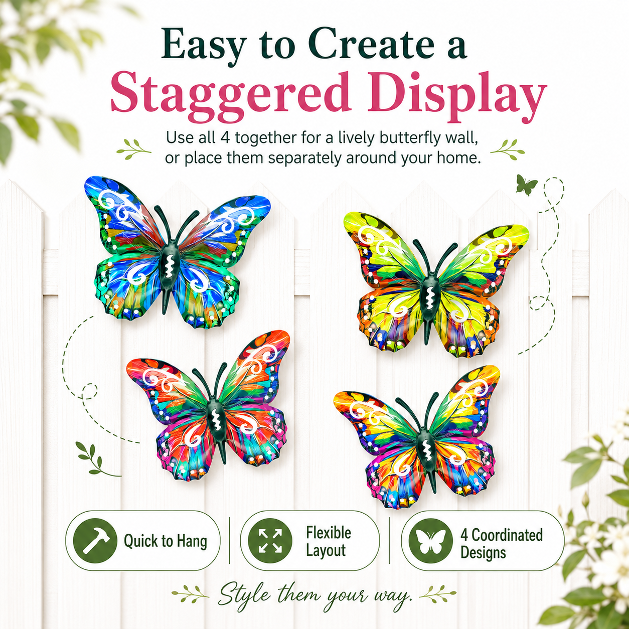 4-Pack Colorful Metal Butterfly Wall Decor, Hand-Painted Iron